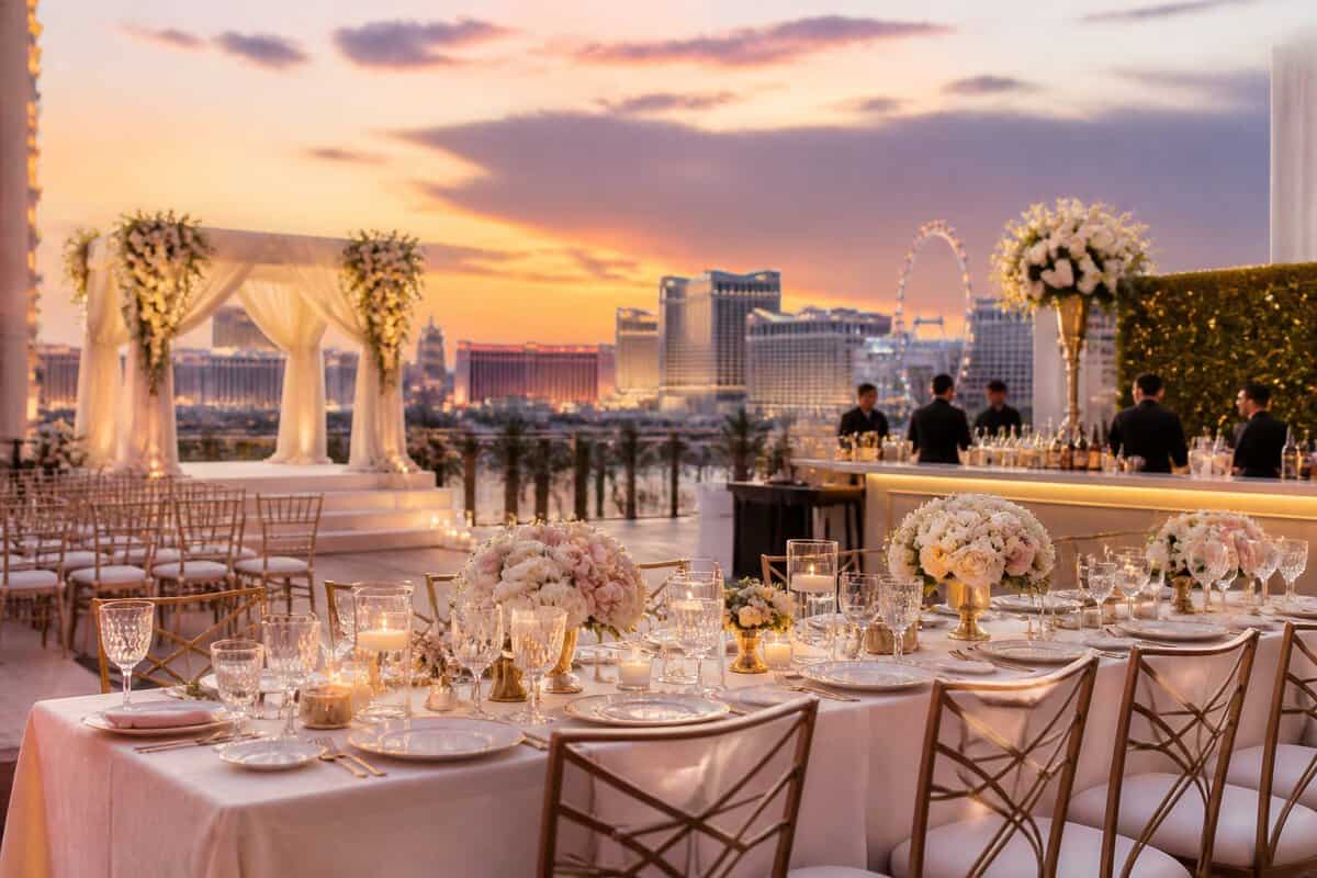 Elegant Las Vegas wedding reception with decorated tables, catering, floral arrangements, and city lights in the background.