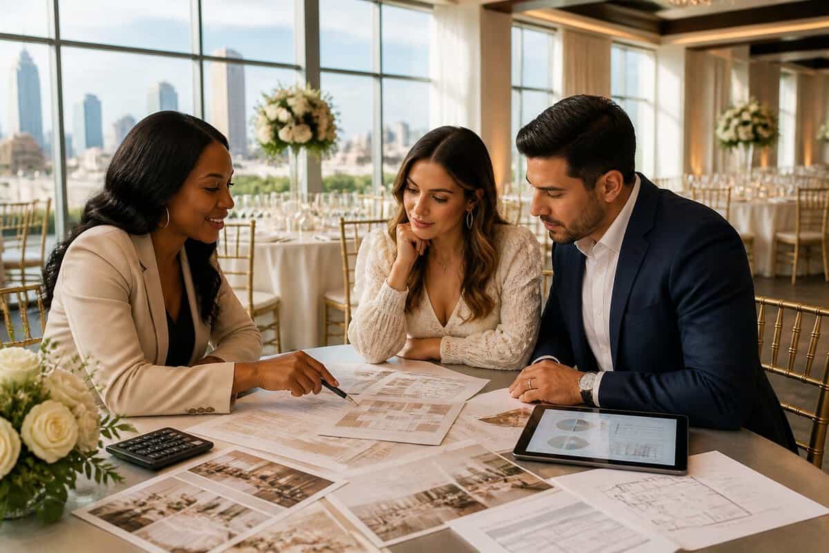 A couple compares wedding venue package details with a coordinator at a table in an elegant reception space.