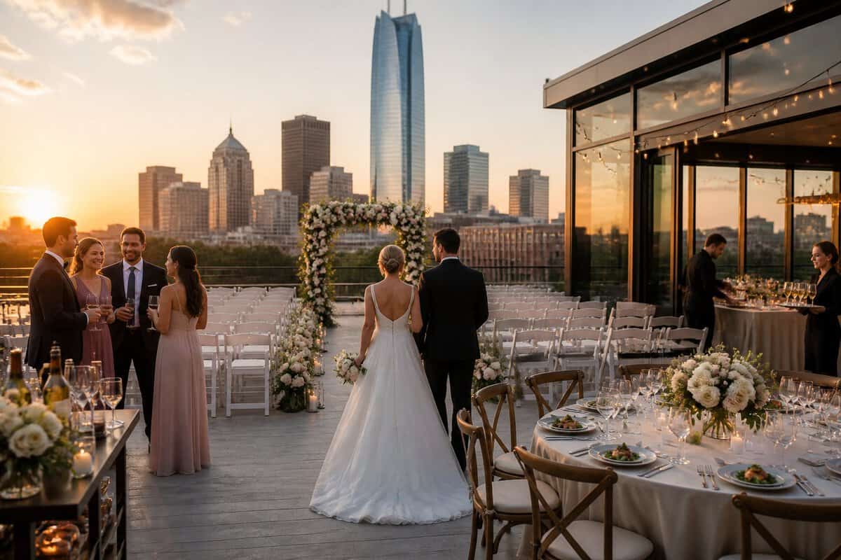 A bride and groom celebrate with guests at an elegant downtown wedding venue with floral decorations and a city skyline.