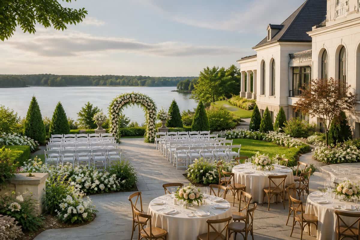 An elegant garden wedding venue beside a grand estate and calm waterfront.