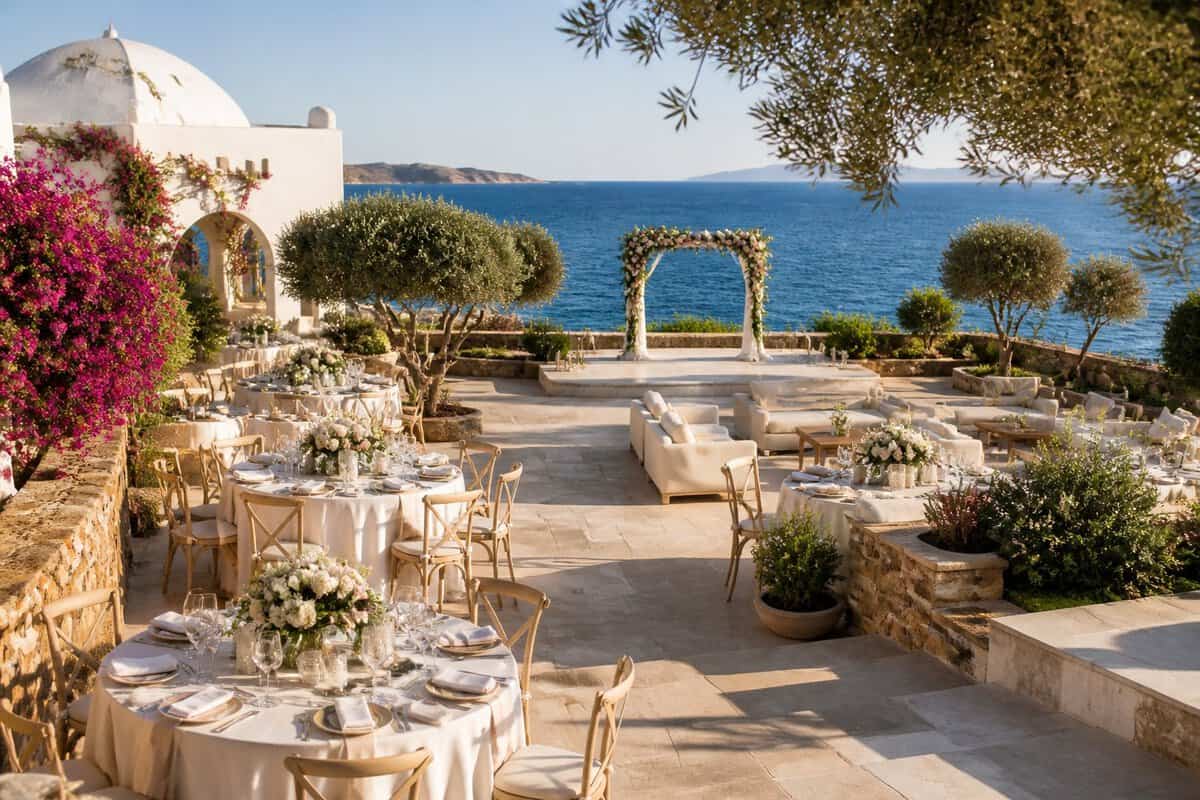 Elegant outdoor wedding venue on a Greek island overlooking the sea, decorated with white tables, flowers, and a ceremony arch.