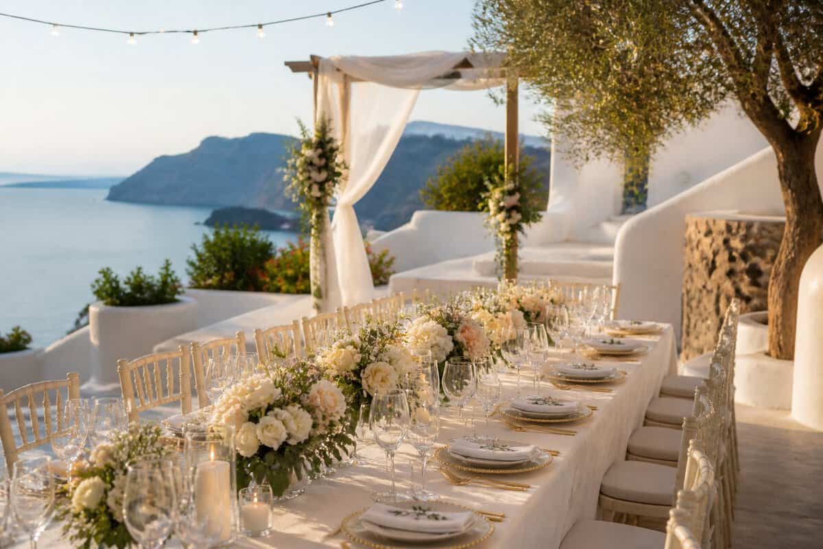 Elegant outdoor wedding reception at a Greek coastal venue with decorated tables, flowers, and a Mediterranean sea view.