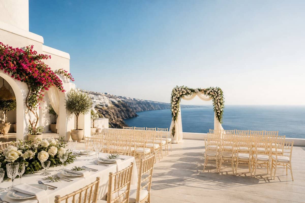 Elegant seaside wedding venue on a Greek island with white chairs, floral ceremony arch, and reception table overlooking the Aegean Sea.