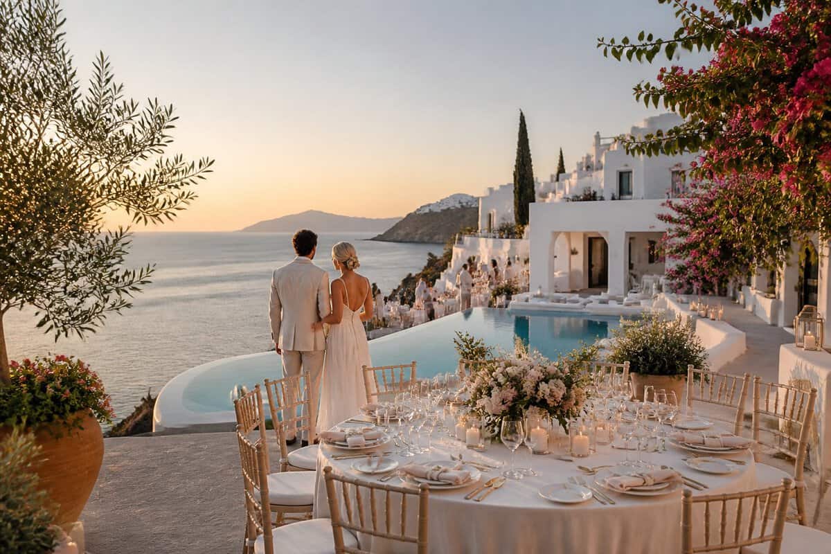 An elegant seaside wedding terrace at a Greek resort overlooking the Aegean Sea.