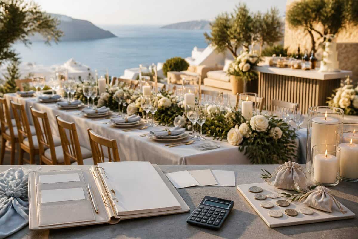 An elegant Greek seaside wedding reception with a planning folder and comparison items arranged beside a decorated table.