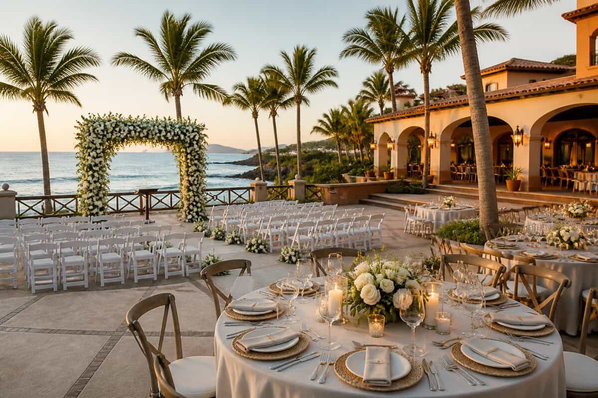 Elegant beachfront wedding venue in Mexico with floral ceremony decor, reception tables, palm trees, and turquoise ocean.