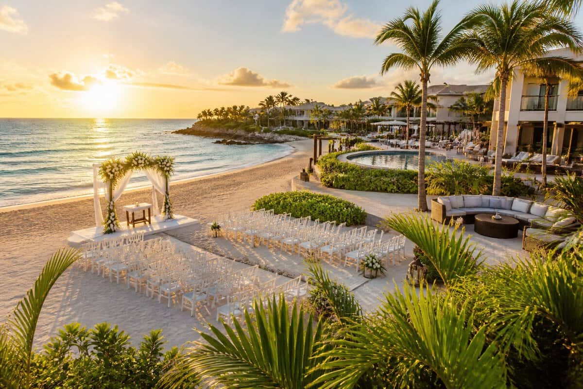 Beachfront resort wedding ceremony setup with white chairs, flowers, tropical greenery, and turquoise ocean in Mexico.