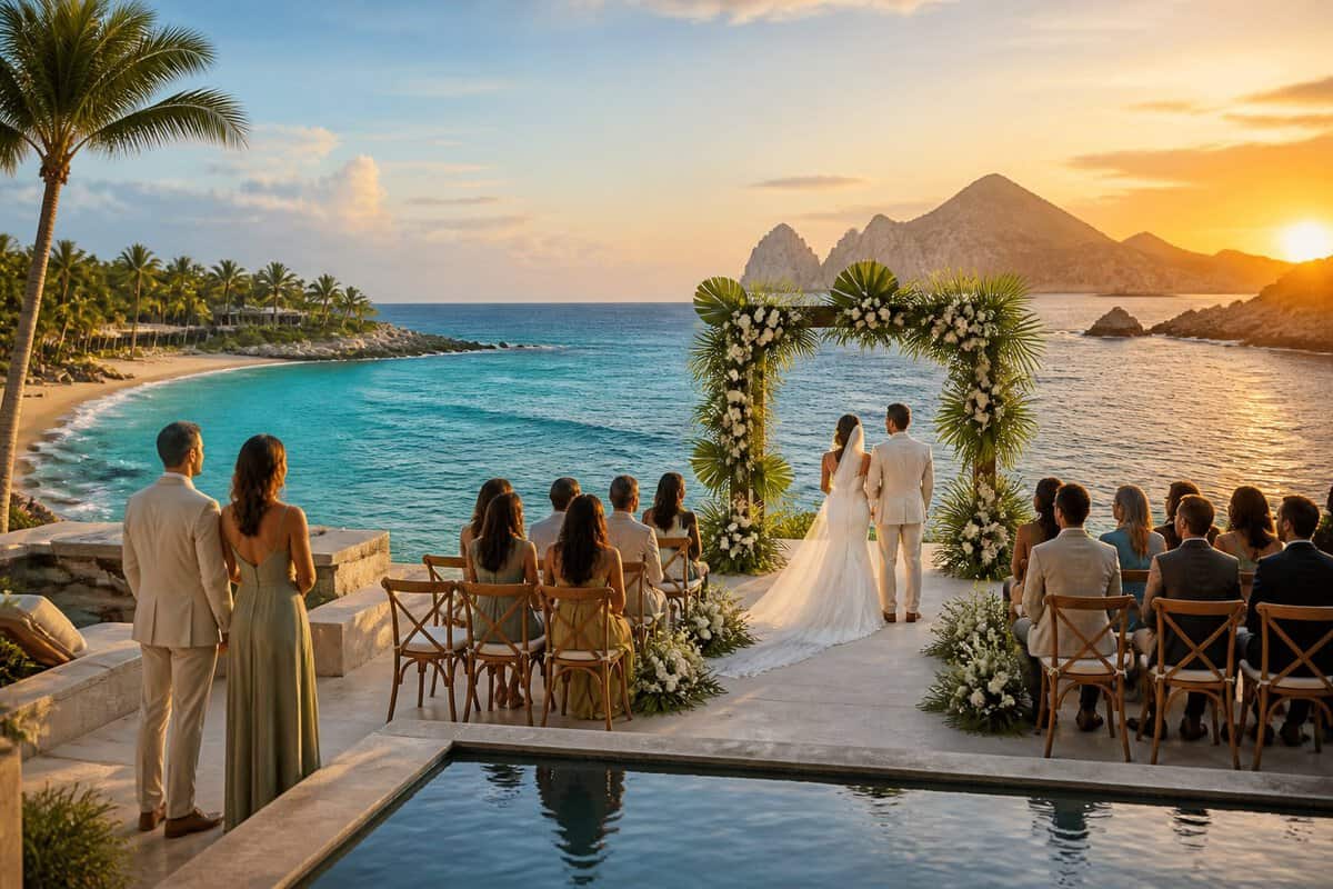 An elegant seaside wedding ceremony overlooking a Mexican coastline with tropical greenery, ocean views, and wedding guests.