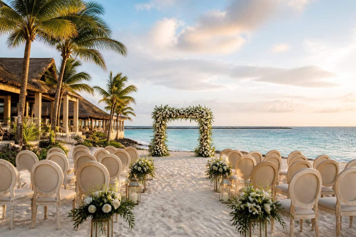 Beachfront wedding ceremony setup at a tropical resort in Mexico.