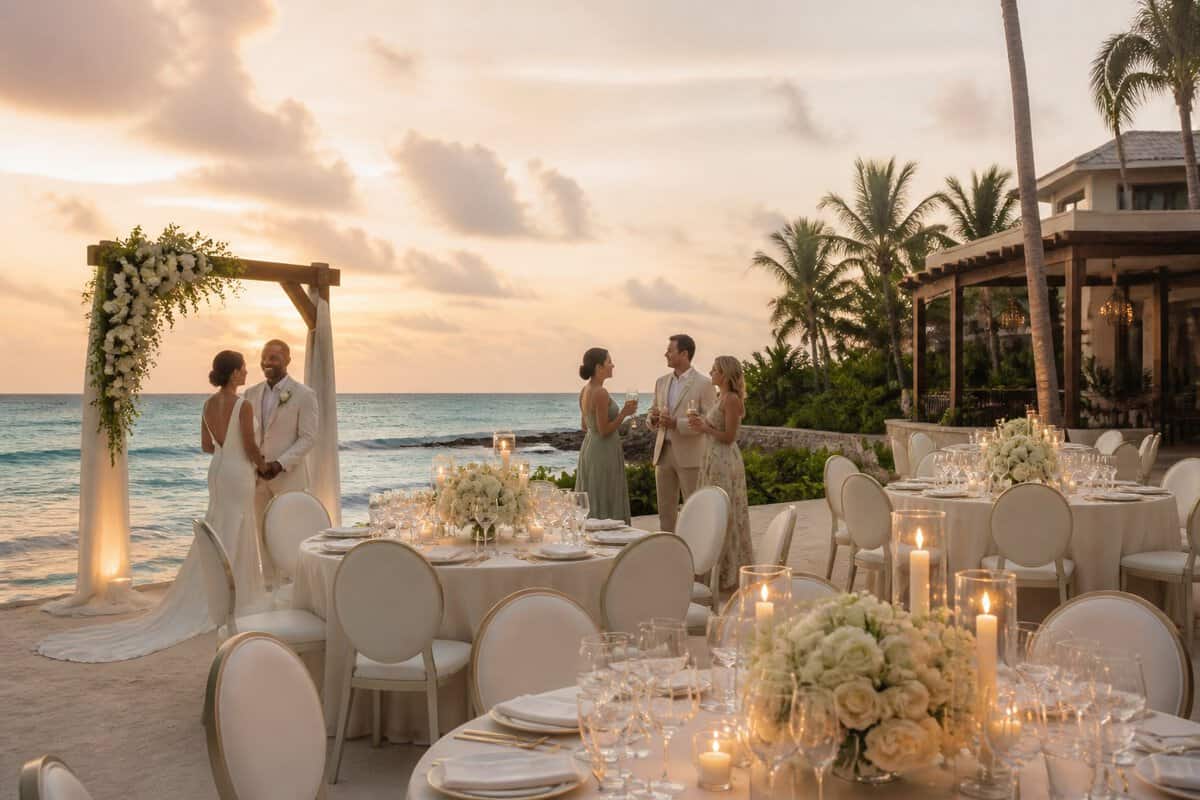 An elegant beachfront wedding reception at an all-inclusive resort in Mexico.