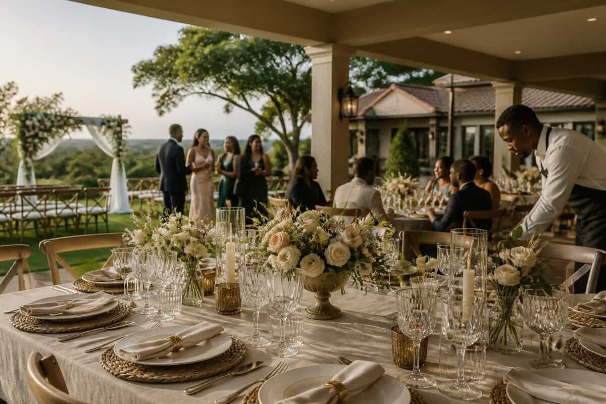 An elegant Pretoria wedding reception with decorated tables, guests, and a venue staff member serving refreshments.
