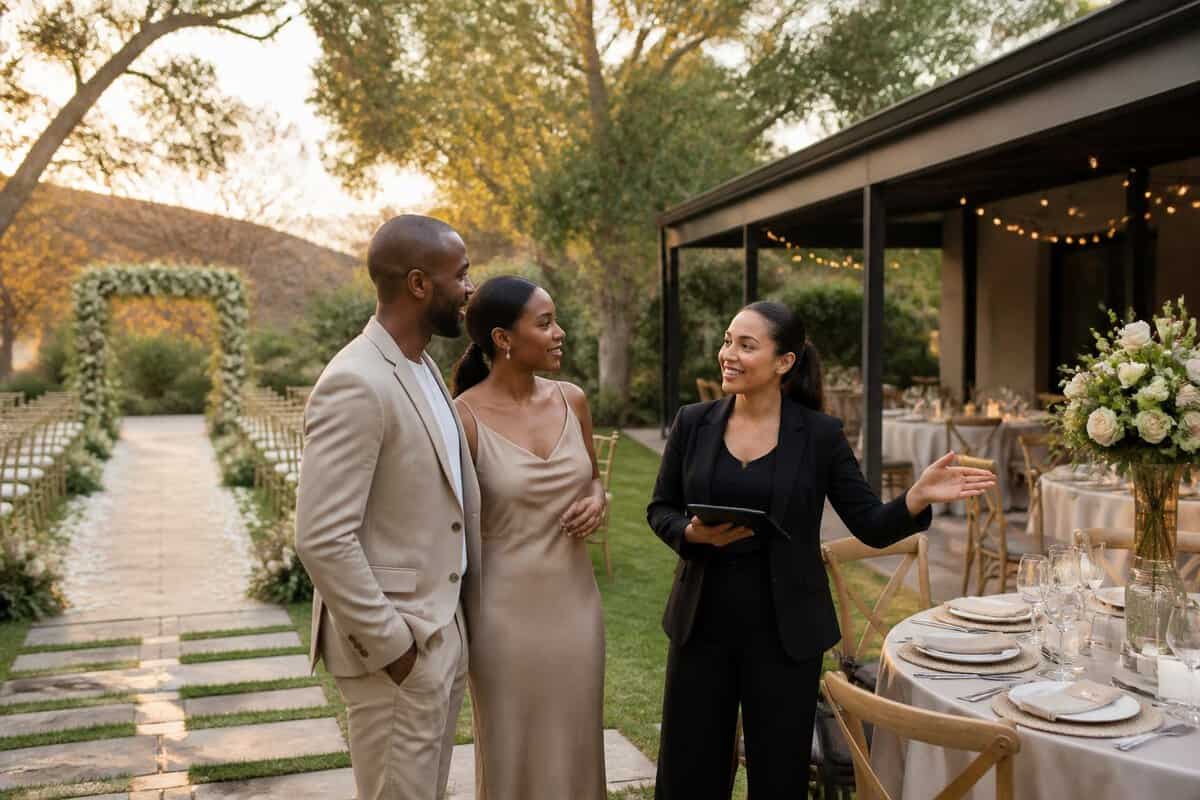 A couple and venue coordinator compare elegant indoor and outdoor wedding settings at a landscaped venue.