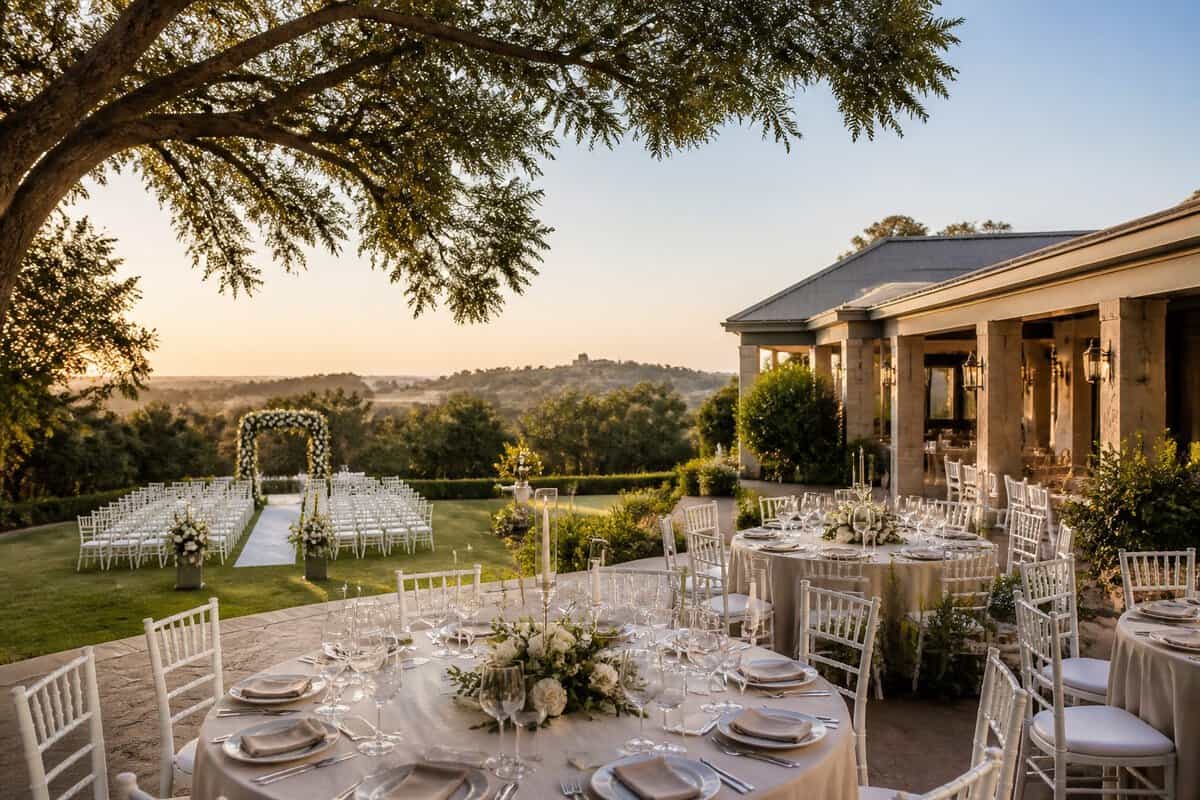 Elegant wedding venue with landscaped gardens, ceremony seating, and decorated reception tables.