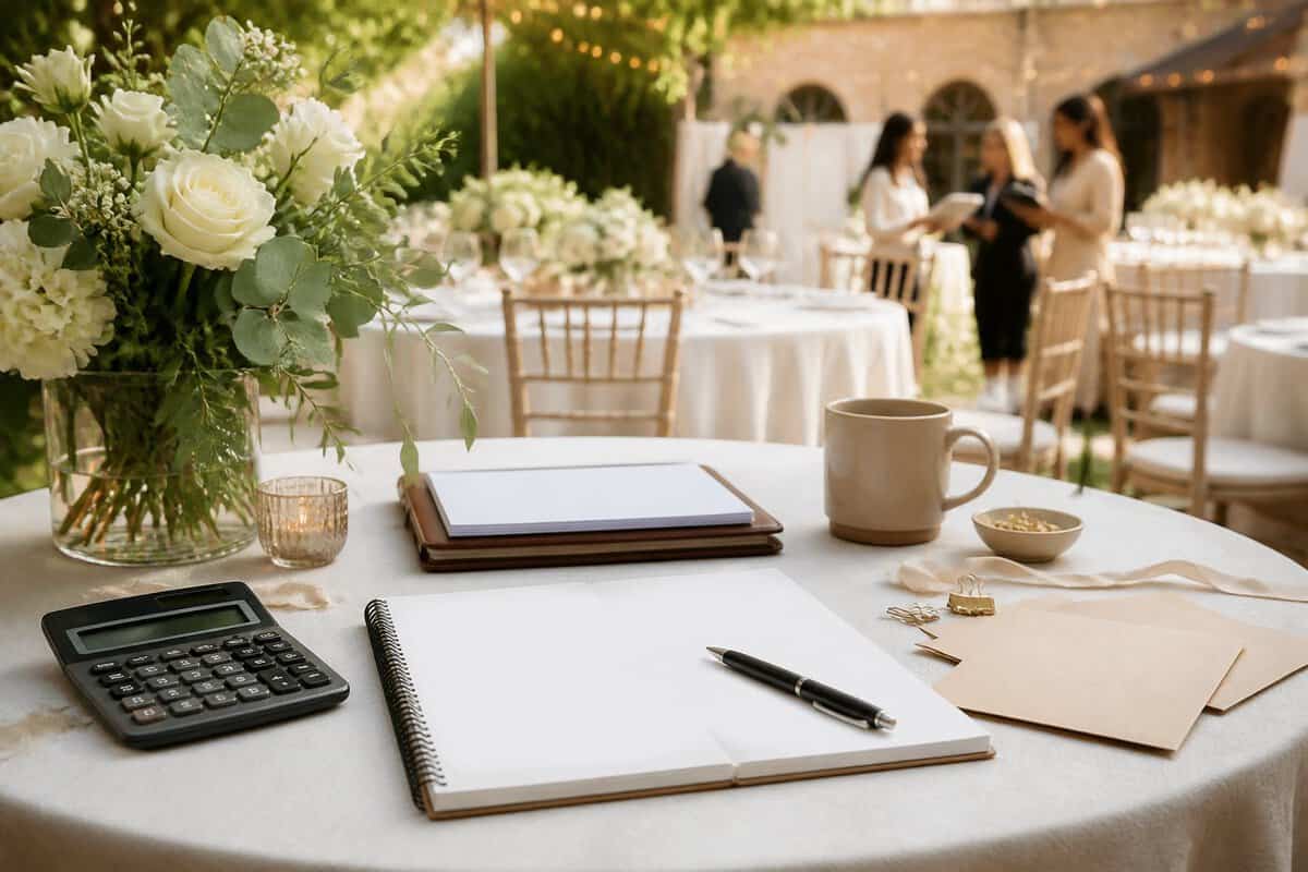 Wedding reception table with budgeting supplies in front of an elegant outdoor venue.