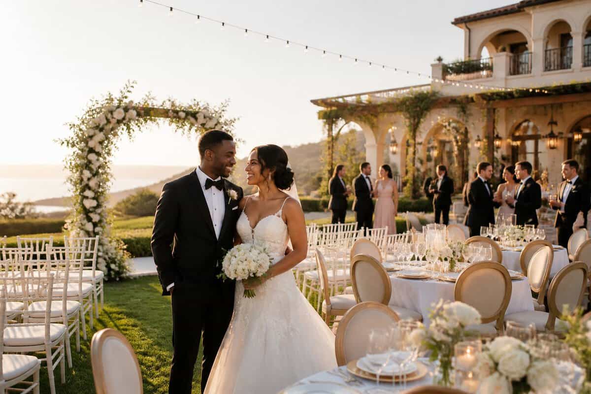 A newlywed couple celebrates at an elegant outdoor wedding venue surrounded by decorated tables, flowers, and joyful guests.