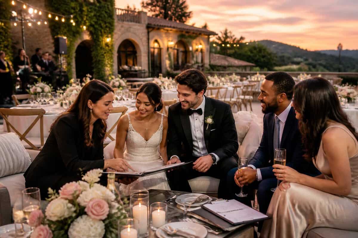 A couple discusses wedding arrangements with a venue coordinator beside a decorated outdoor reception.
