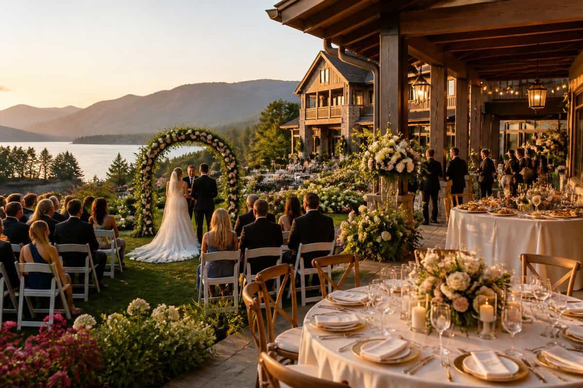 An elegant outdoor wedding ceremony and reception at a scenic all-inclusive venue.