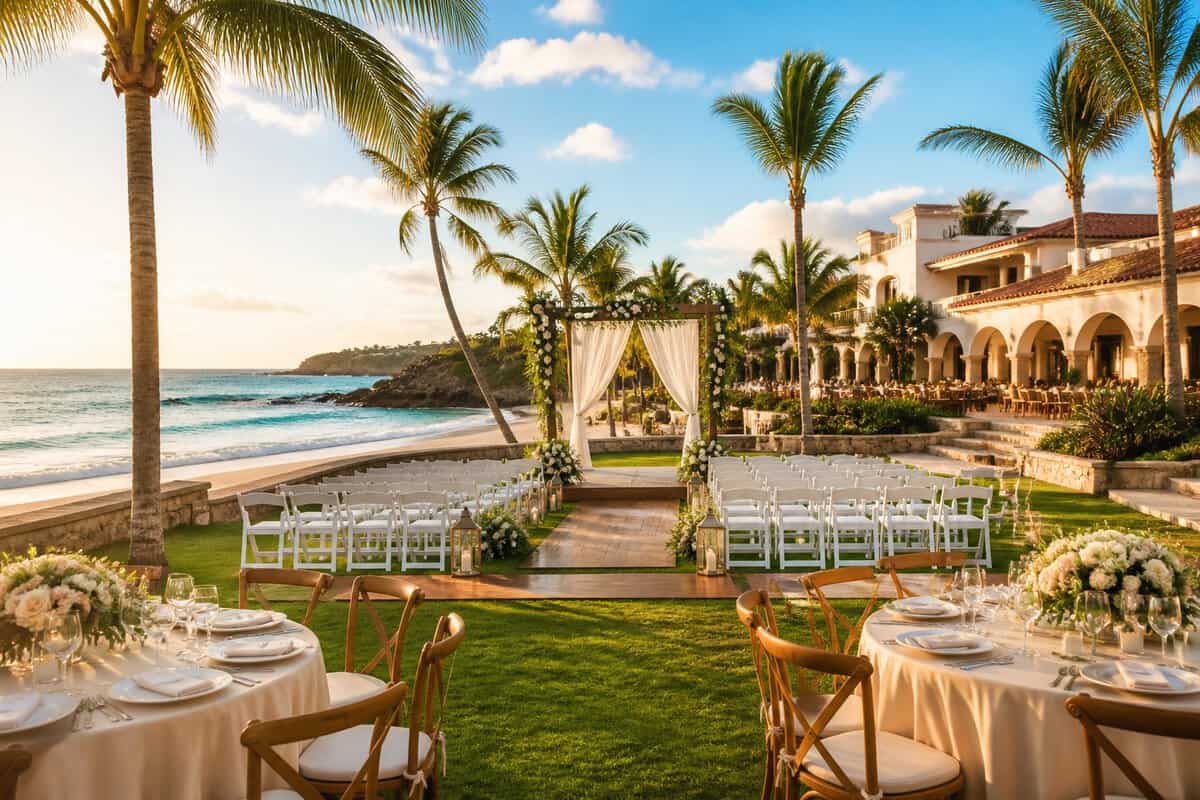 Elegant beachside wedding venue with white chairs, floral décor, reception tables, palm trees, and turquoise ocean views.