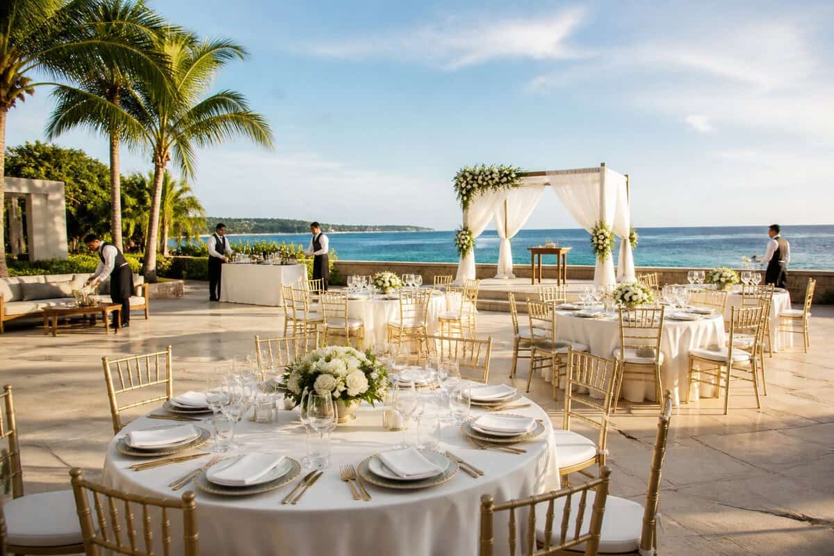 An elegant all-inclusive wedding reception arranged on a beachfront terrace overlooking the ocean.