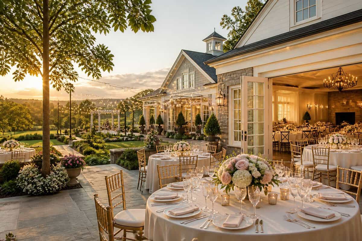 Elegant wedding venue with a decorated reception terrace, landscaped gardens, and warm evening light.