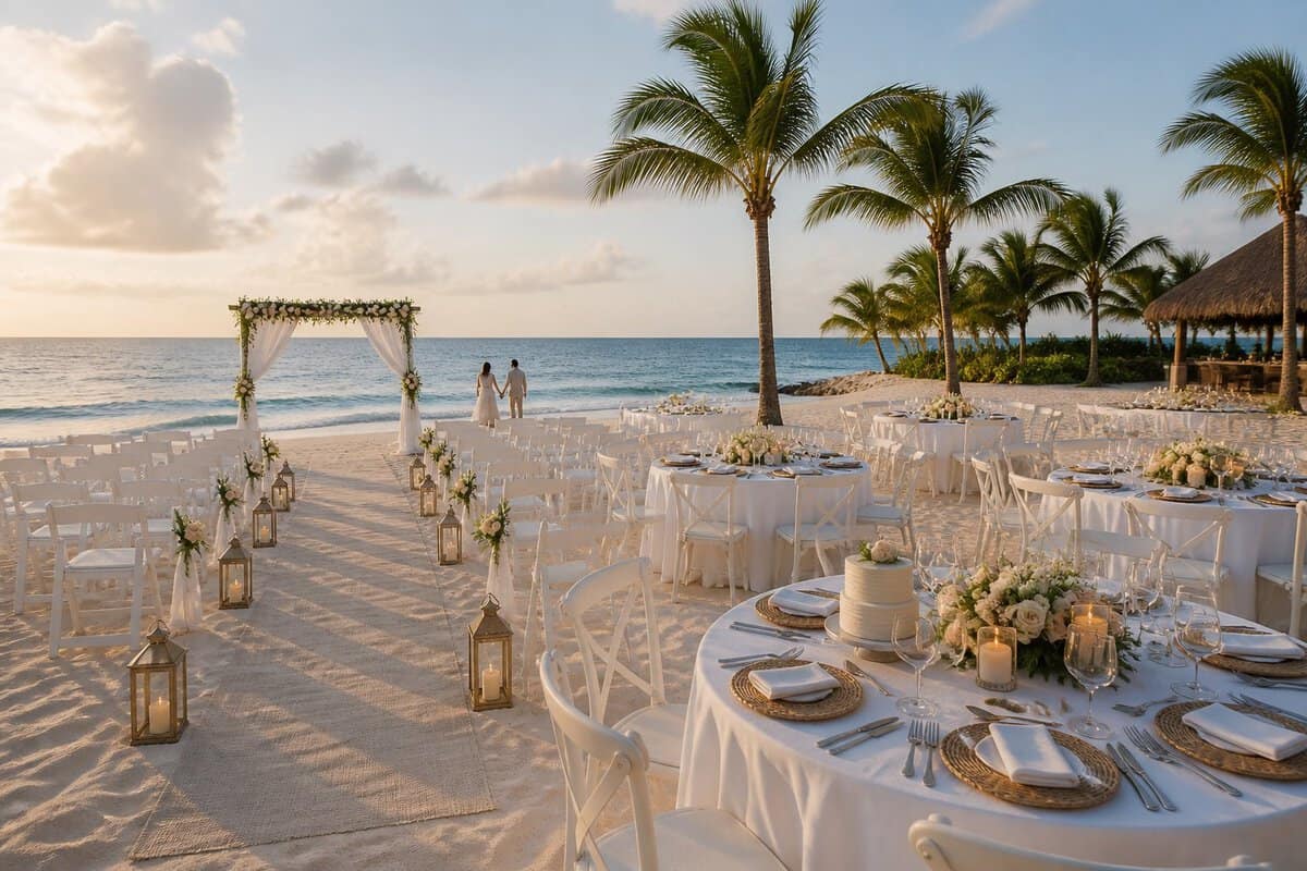 An elegant beach wedding ceremony and reception setup beside a calm ocean.