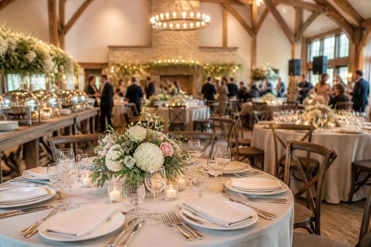 Elegant wedding reception venue with decorated tables, floral centerpieces, candles, and guests in the background.