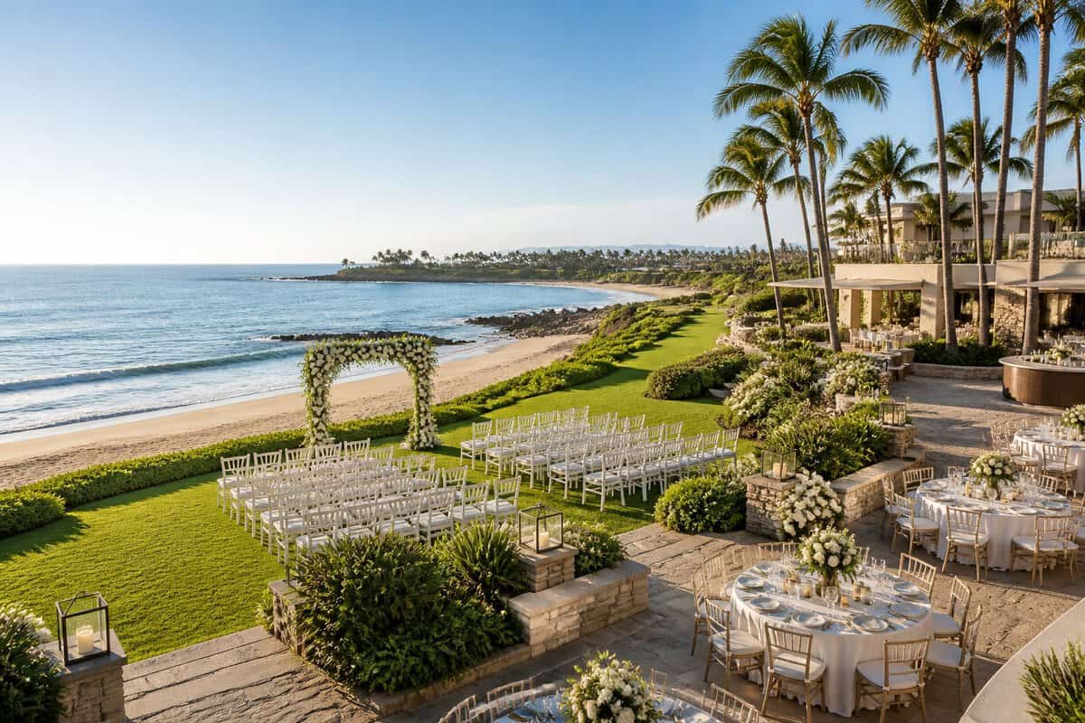 An elegant outdoor wedding venue with ocean views, white ceremony chairs, floral decorations, and a reception area beside a sandy beach.
