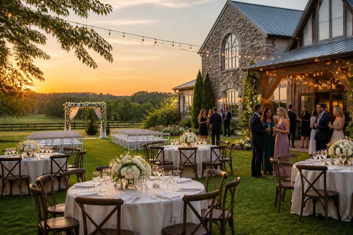 An elegant outdoor wedding venue with decorated tables, floral arrangements, and guests gathered on a landscaped lawn.