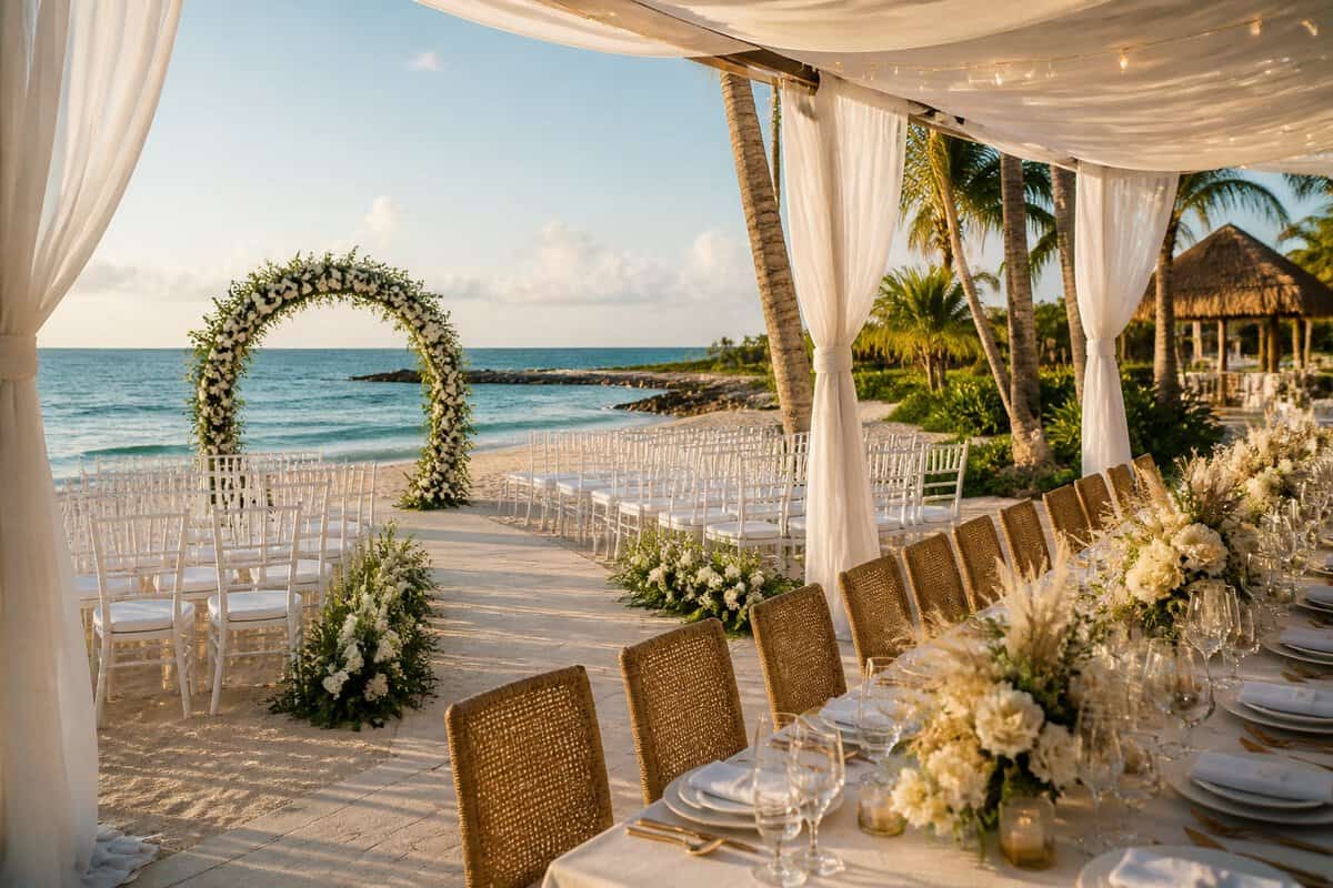 An elegant beachfront wedding ceremony and reception setup beside a calm blue ocean.
