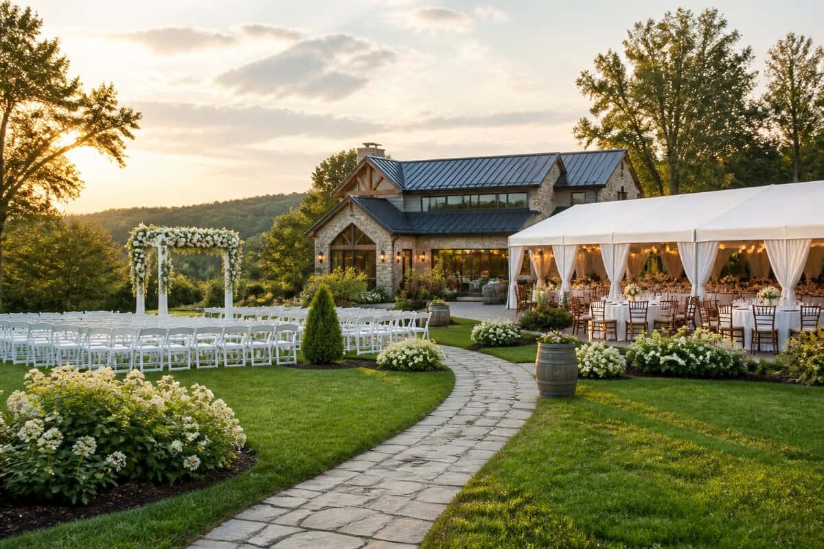 Elegant wedding ceremony and reception setup at a scenic countryside venue.