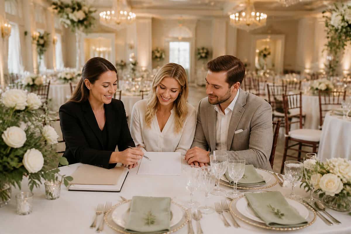 A couple reviews wedding budget materials at an elegantly decorated reception table in a banquet hall.