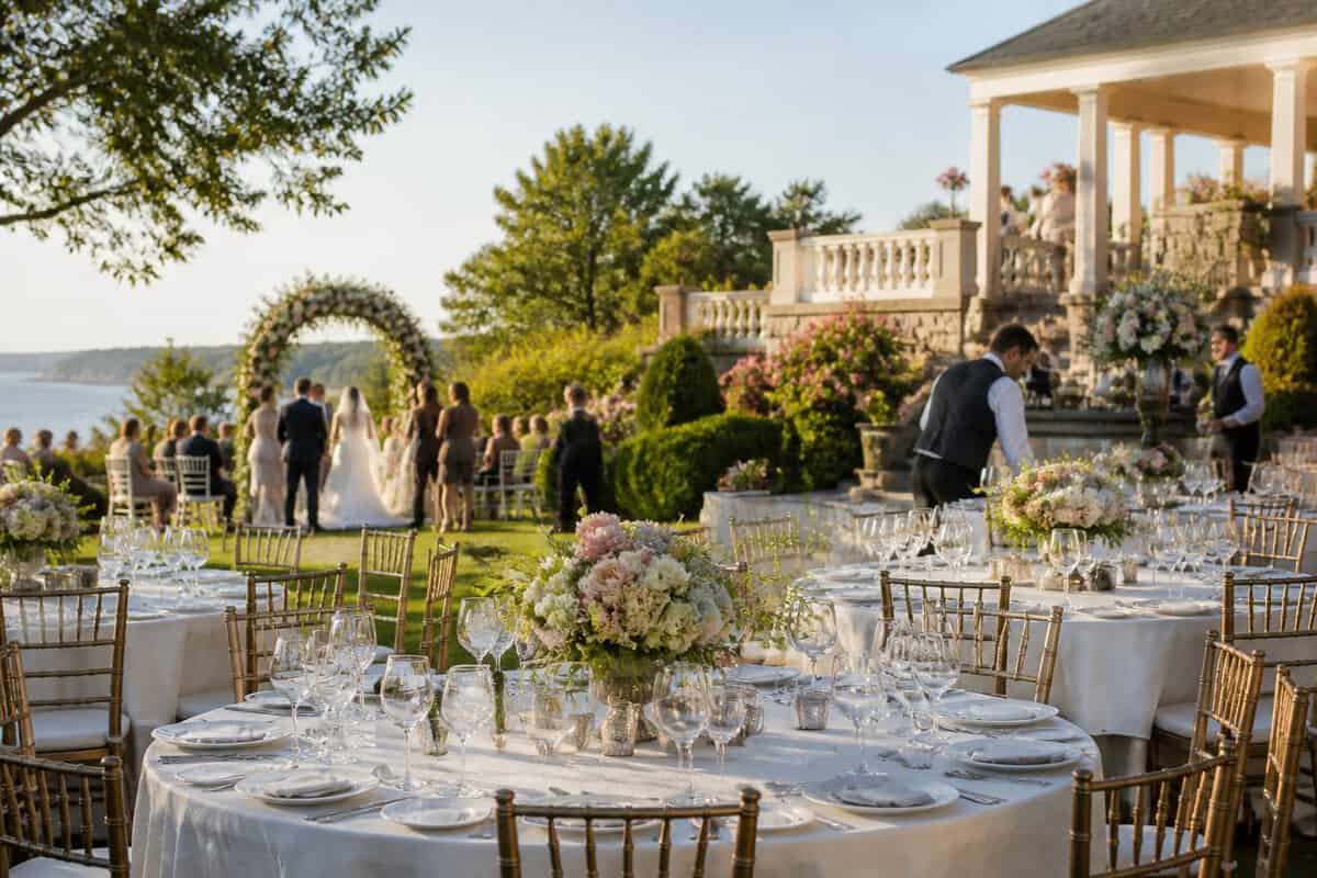An elegant wedding reception set up at a landscaped waterfront venue with floral decorations and guests gathering nearby.