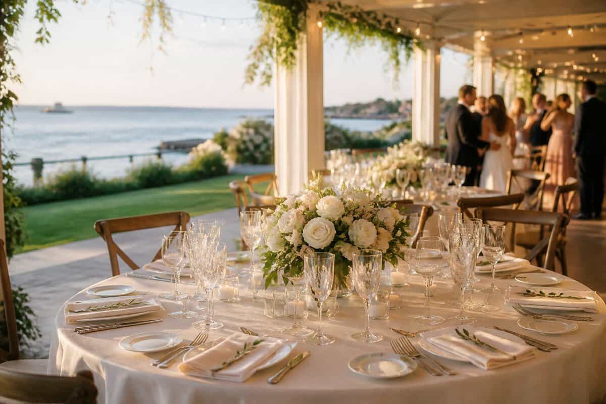 Elegant waterfront wedding reception with floral centerpieces and a coastal Long Island view.