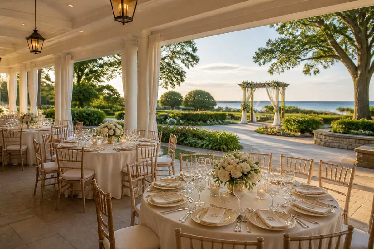 An elegant wedding reception terrace overlooking a garden and coastal landscape.