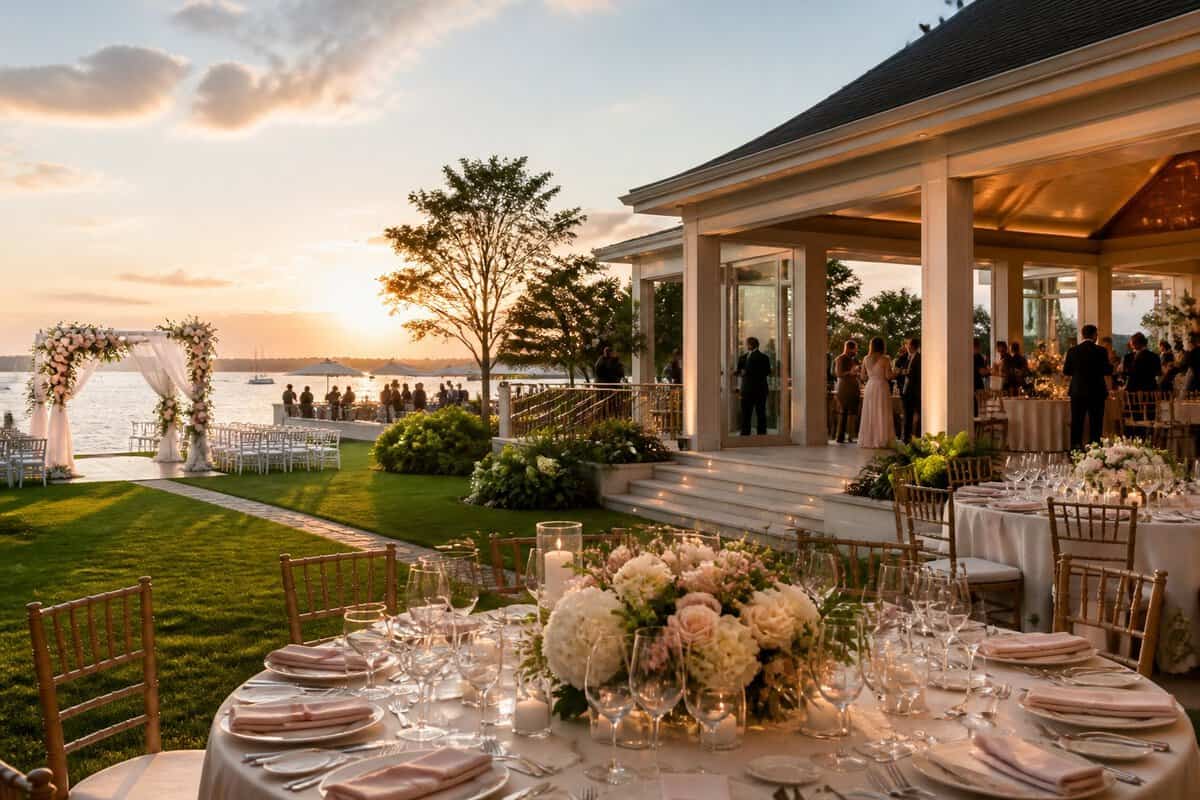 Elegant Long Island waterfront wedding venue with several romantic ceremony and reception settings.