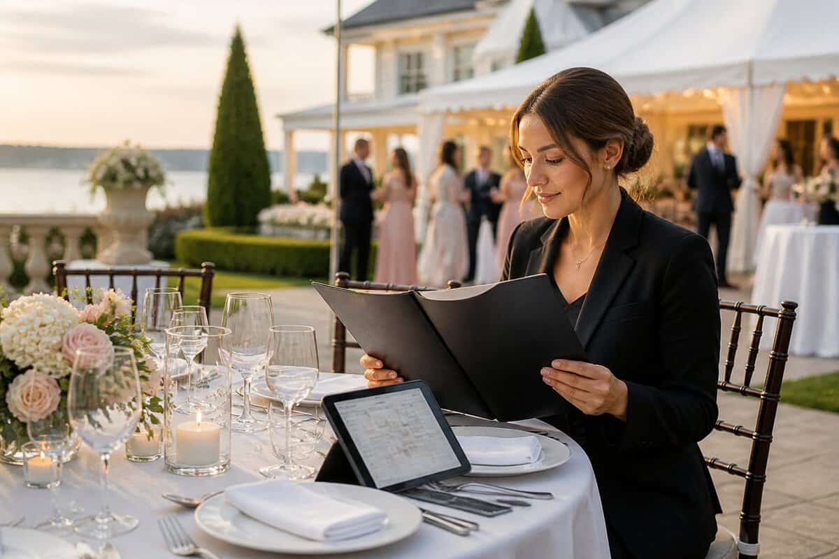 An elegant outdoor wedding reception table with planning materials at a Long Island estate venue.