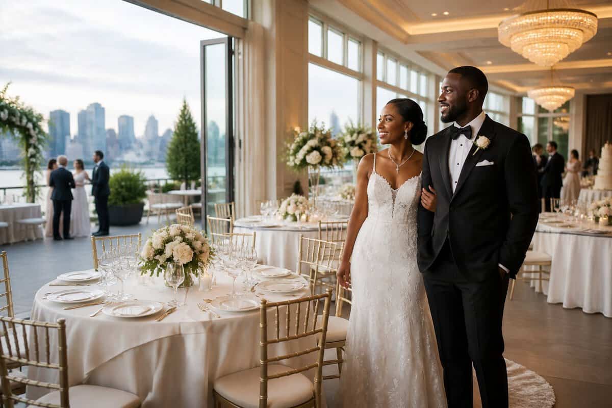 A newlywed couple stands inside an elegant Queens wedding venue overlooking a landscaped terrace and city skyline.