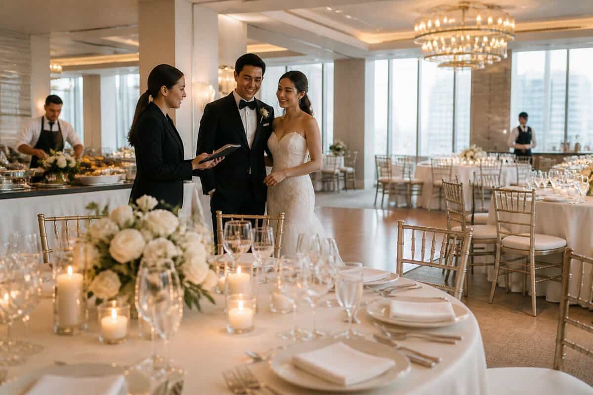 An elegant wedding reception venue with a fully set banquet table, floral centerpieces, and a couple reviewing arrangements with an event coordinator.