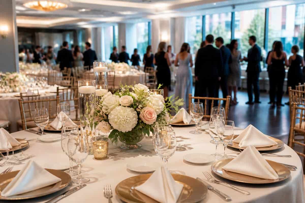Elegant wedding reception table in a Queens event venue with guests mingling in the background.