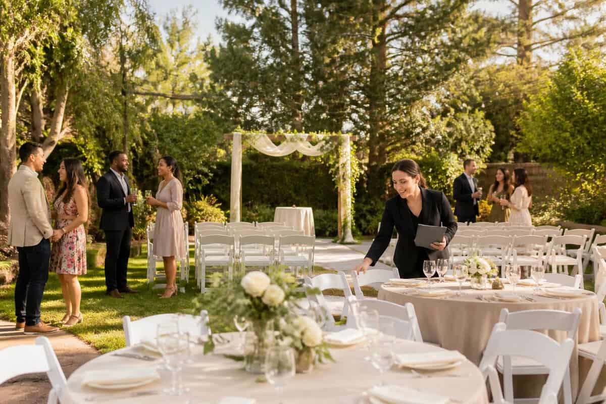 A modest outdoor wedding venue with a floral arch, decorated tables, string lights, and guests enjoying the setting.