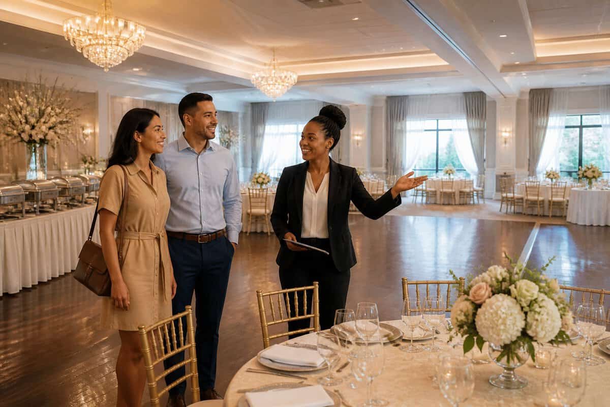 A couple and venue coordinator discuss reception arrangements in an elegant wedding banquet hall.