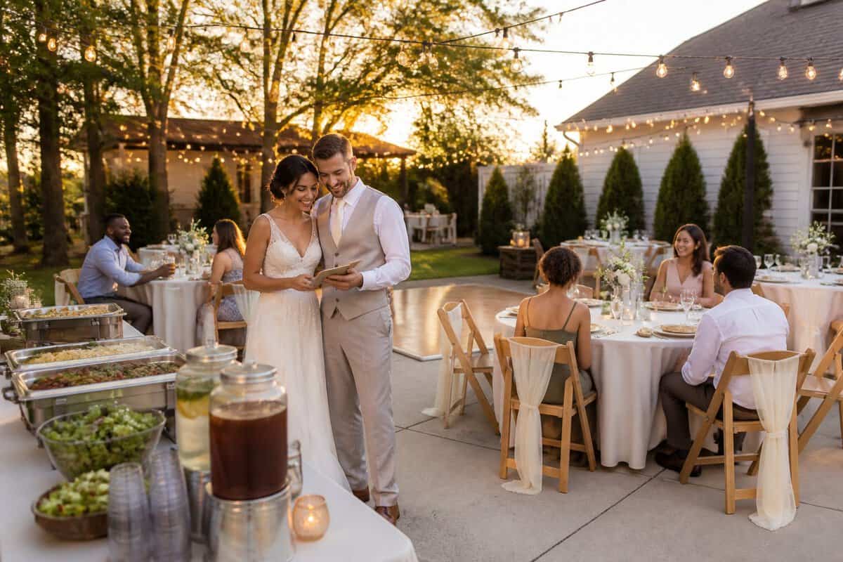 A newlywed couple and guests enjoy an affordable outdoor wedding reception with simple decorations, catered food, and coordinated tables.