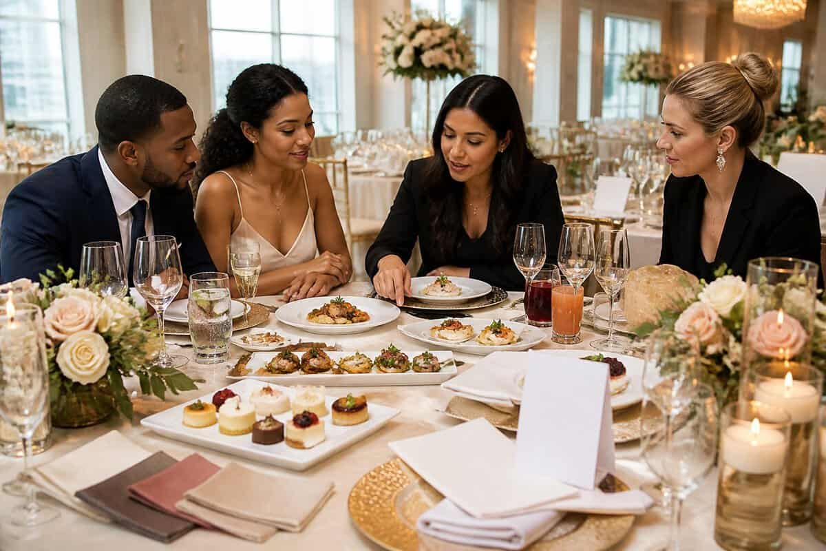 A couple and wedding professionals compare plated dishes, drinks, flowers, and table décor at an elegant reception venue.