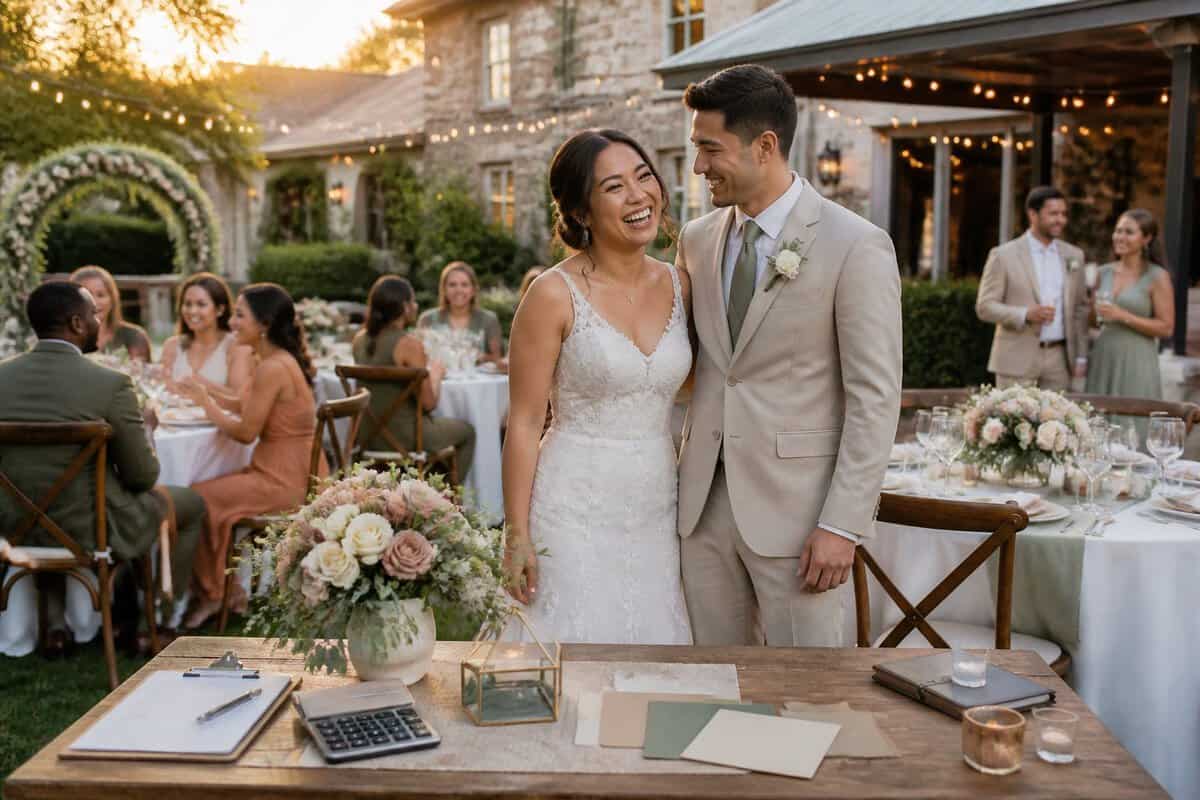 A newlywed couple celebrates with guests at an elegant but modest garden wedding reception.