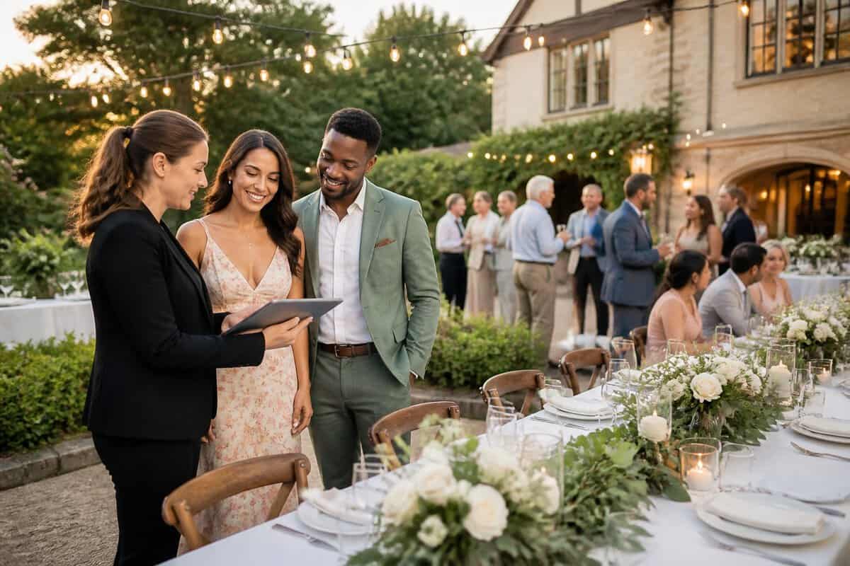 A couple discusses an affordable outdoor wedding reception with a venue coordinator while guests mingle nearby.