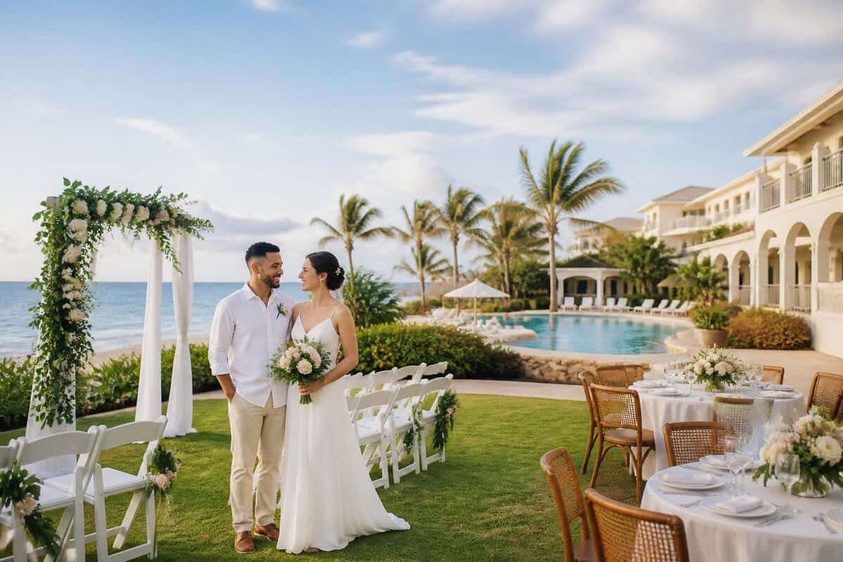 A couple stands beside a simple outdoor wedding ceremony setup at an affordable resort.