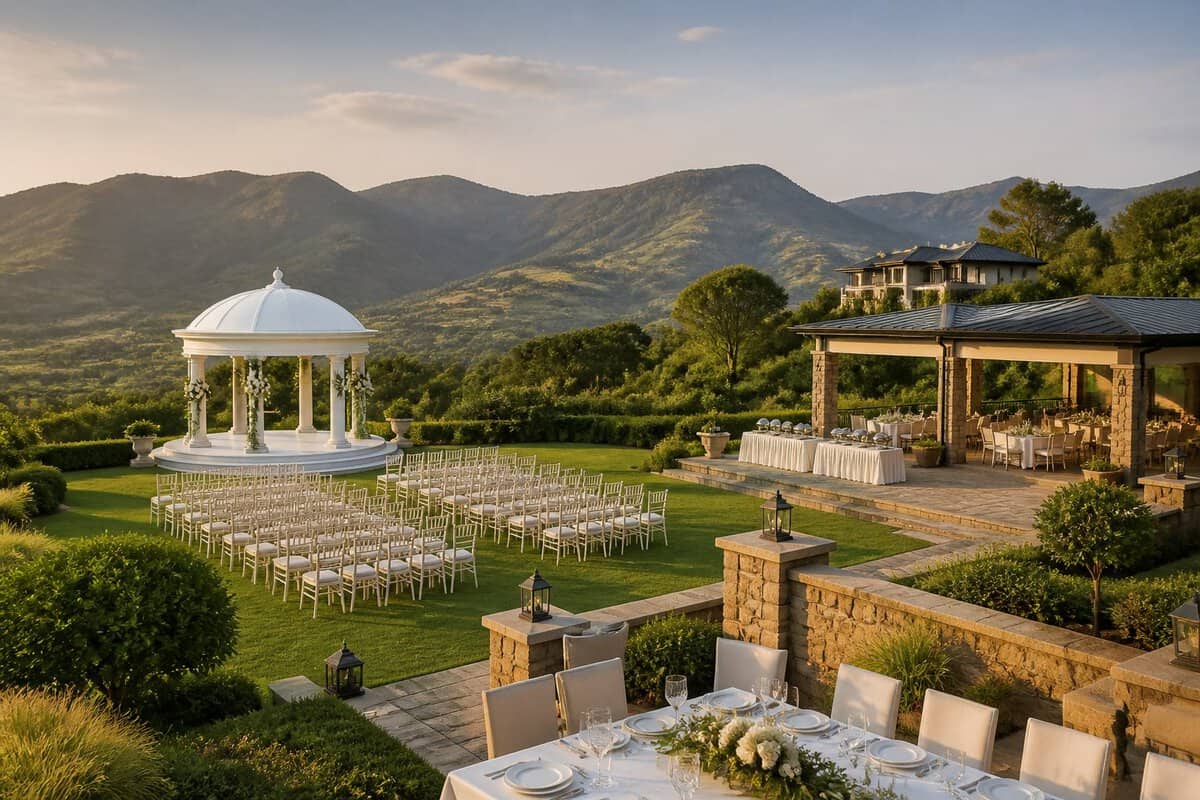 Elegant wedding venue with outdoor ceremony seating, landscaped grounds, and mountain views in Mpumalanga.