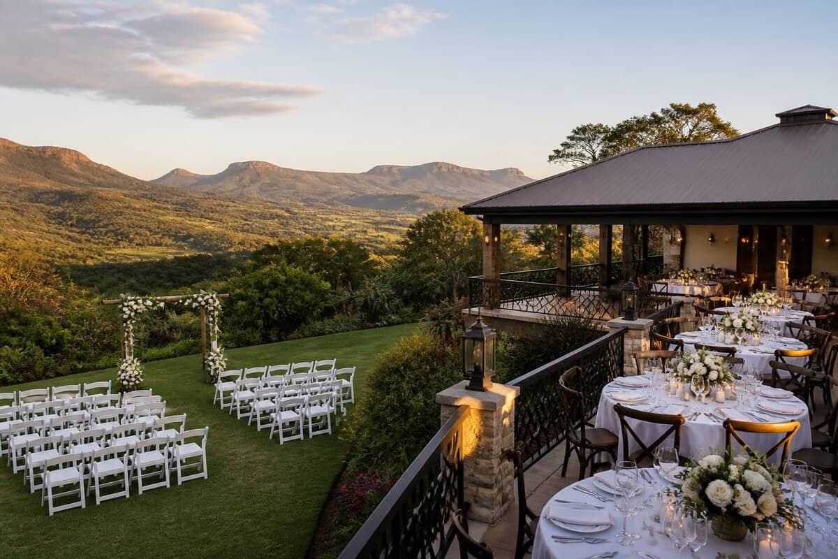 An elegant outdoor wedding venue surrounded by lush gardens and Mpumalanga mountain scenery.
