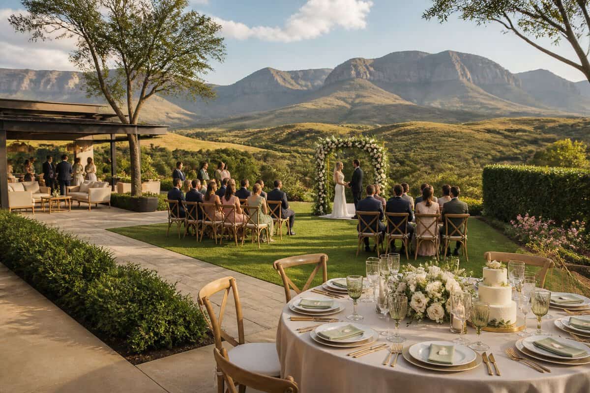 An elegant outdoor wedding venue with decorated seating, reception tables, guests, and mountains in the background.