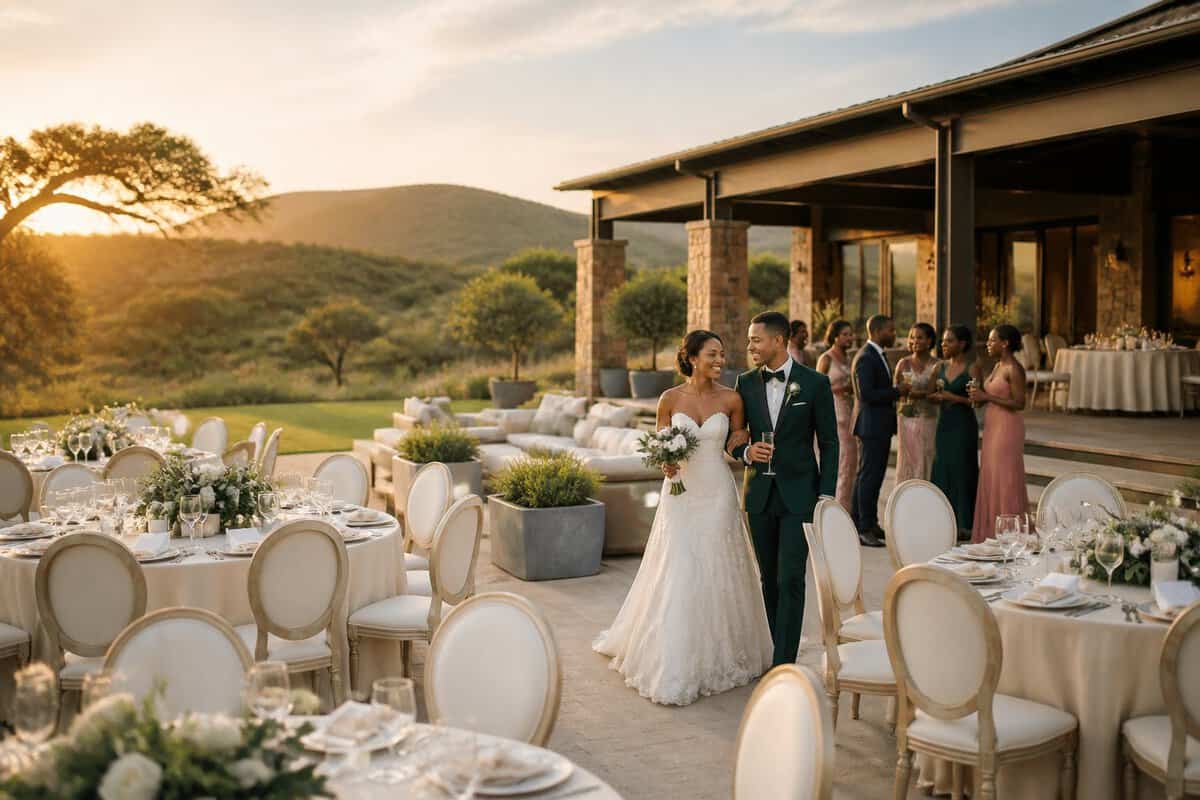 An elegant outdoor wedding reception at a landscaped venue with mountains and greenery in the background.